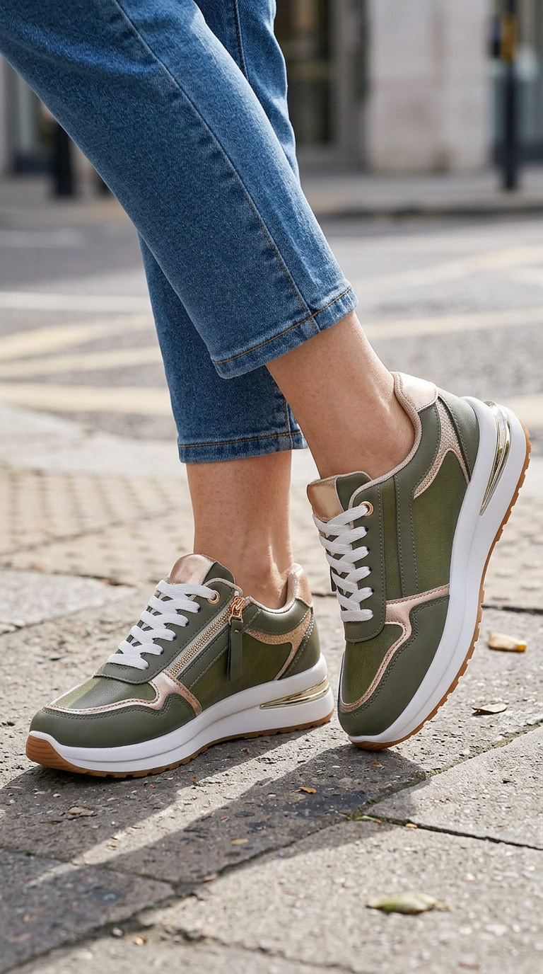 Zapatillas cómodas con cremallera y detalles metalizados