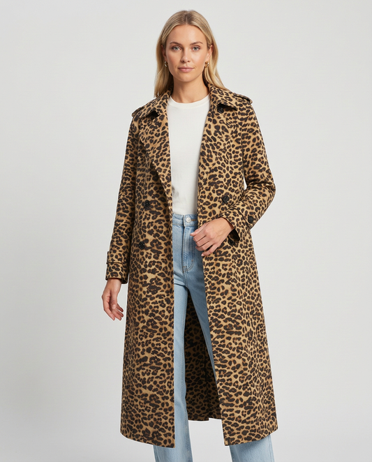 Trench largo con solapas de estampado de leopardo