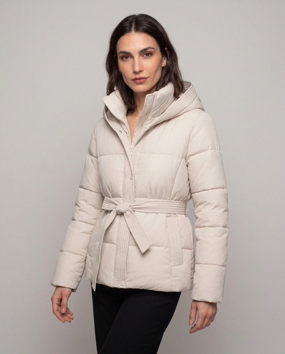 Chaqueta Acolchada Corta con Cinturón y Capucha