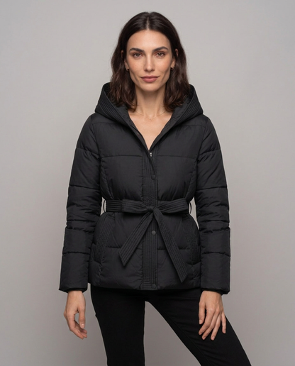Chaqueta Acolchada Corta con Cinturón y Capucha