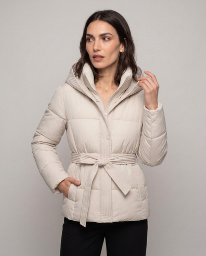 Chaqueta Acolchada Corta con Cinturón y Capucha