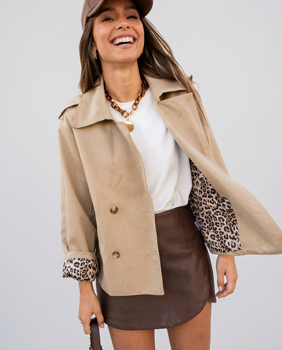 Gabardina Corta Cruzada con Forro Estampado Leopardo