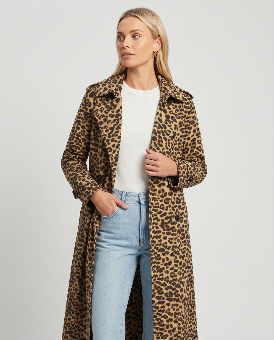 Trench largo con solapas de estampado de leopardo