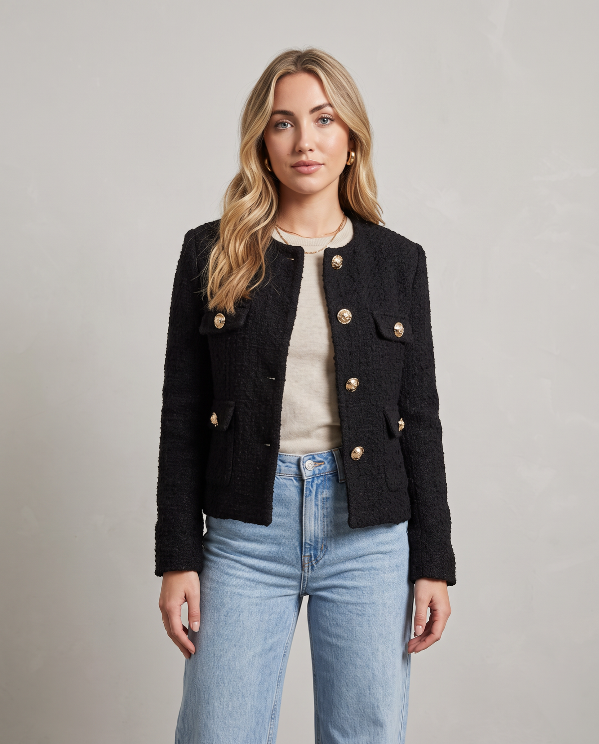 Chaqueta Corta de Bouclé con Botones Joya