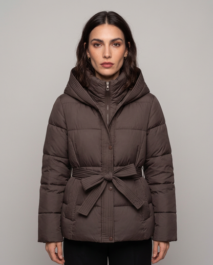 Chaqueta Acolchada Corta con Cinturón y Capucha