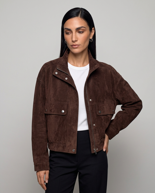 Cazadora bomber corta efecto ante
