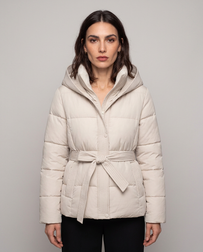Chaqueta Acolchada Corta con Cinturón y Capucha
