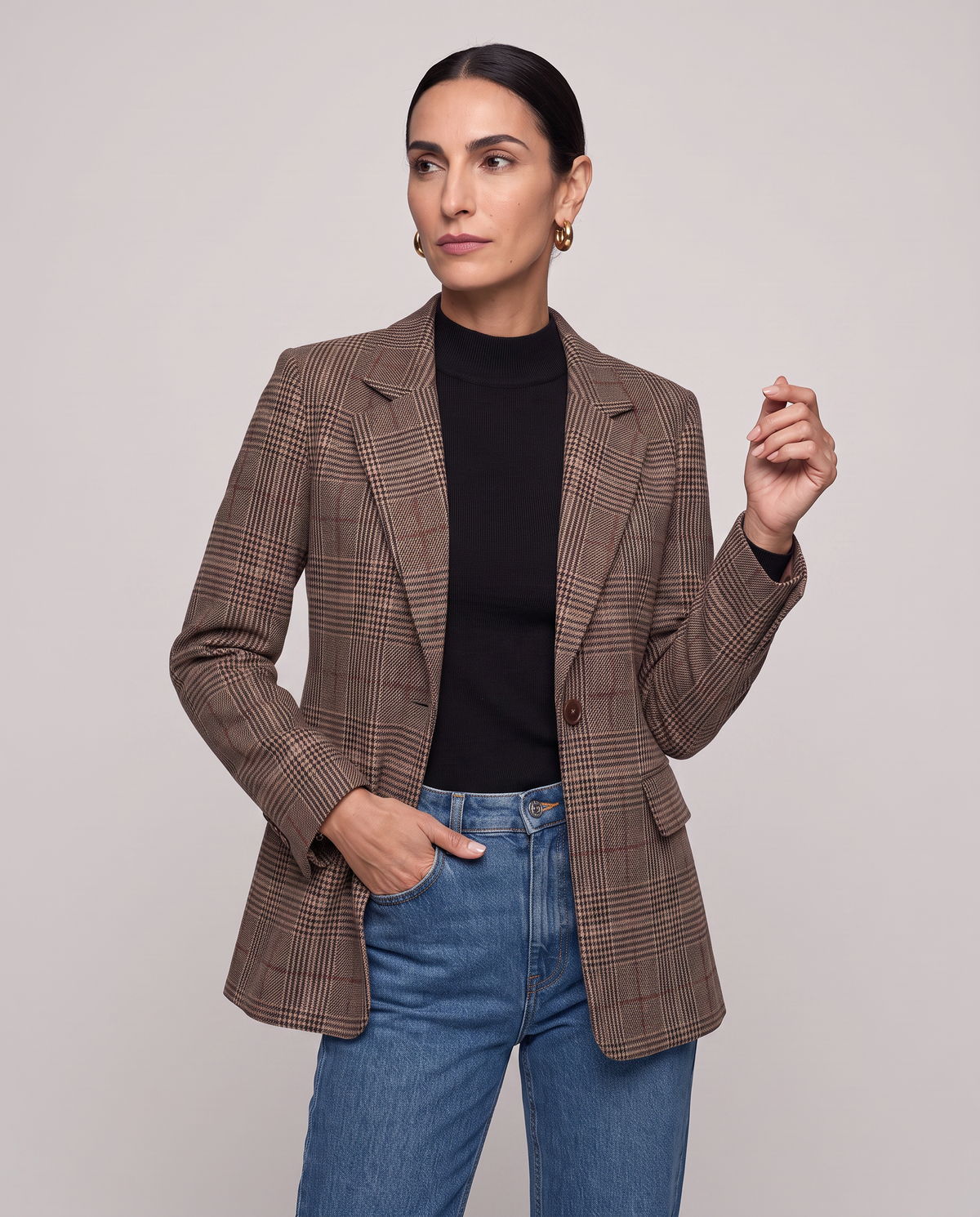 Blazer largo de cuadros Príncipe de Gales - Marrón