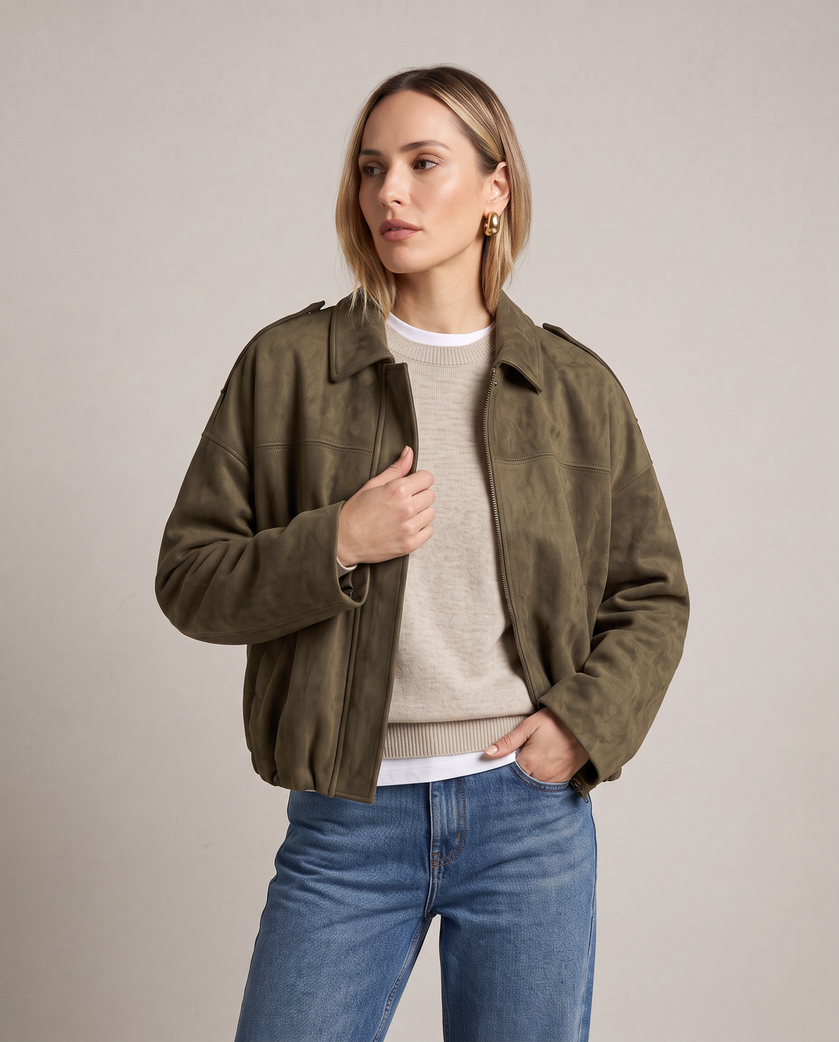 Chaqueta Oversize con Manga Murciélago Efecto Gamuza