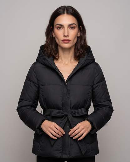 Chaqueta Acolchada Corta con Cinturón y Capucha