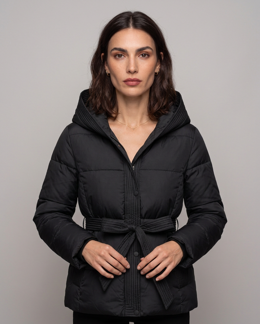 Chaqueta Acolchada Corta con Cinturón y Capucha