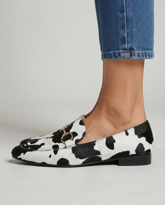Mocasín de Pelo Estampado de Leopardo Blanco y Negro