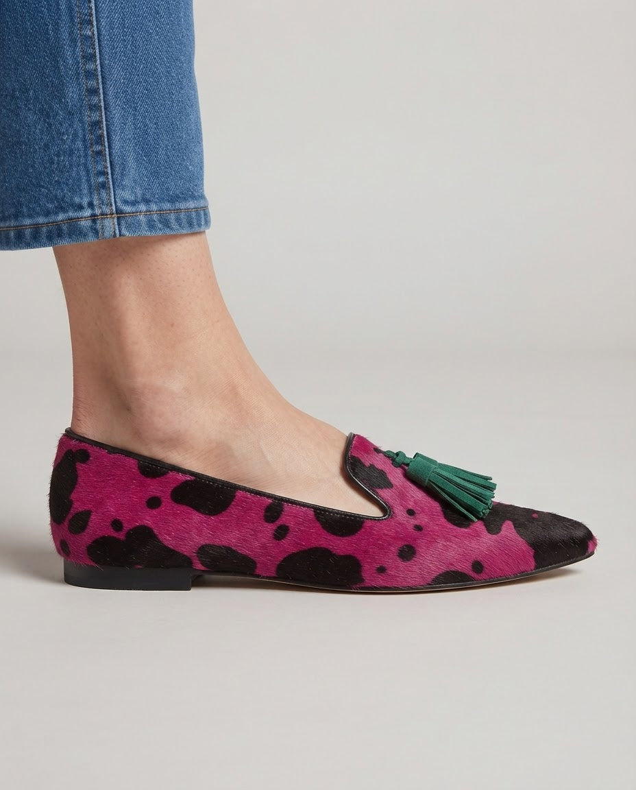 Mocasín Ginevra — Vaca Fucsia, Borlas Verdes