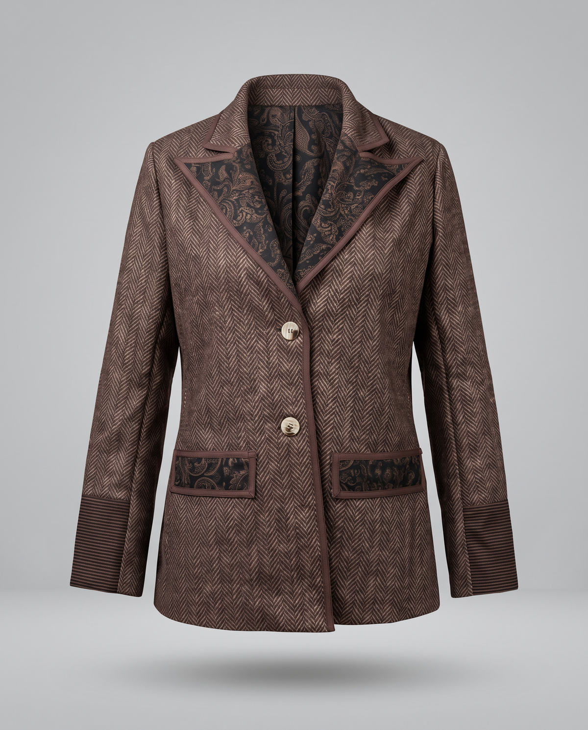 Blazer espigado con inserto jacquard y ribetes de piel sintética - Marrón