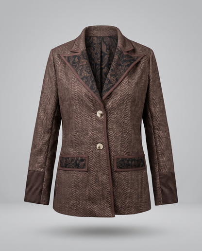 Blazer espigado con inserto jacquard y ribetes de piel sintética - Marrón