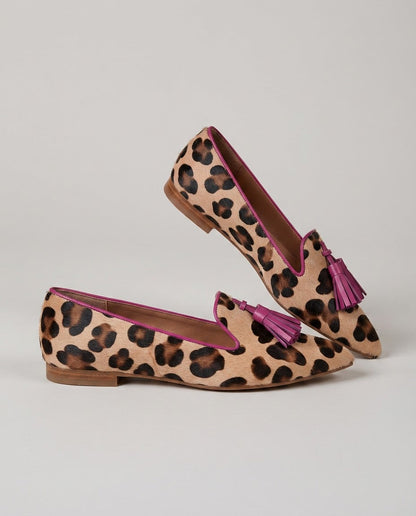 Mocasín Ginebra — Leopardo, Borlas Fucsia