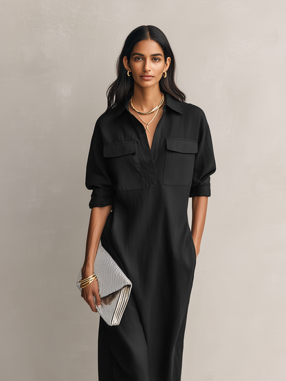 Vestido midi de algodón y lino con cuello de camisa