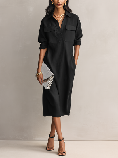 Vestido midi de algodón y lino con cuello de camisa