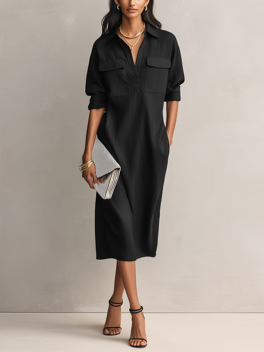 Vestido midi de algodón y lino con cuello de camisa