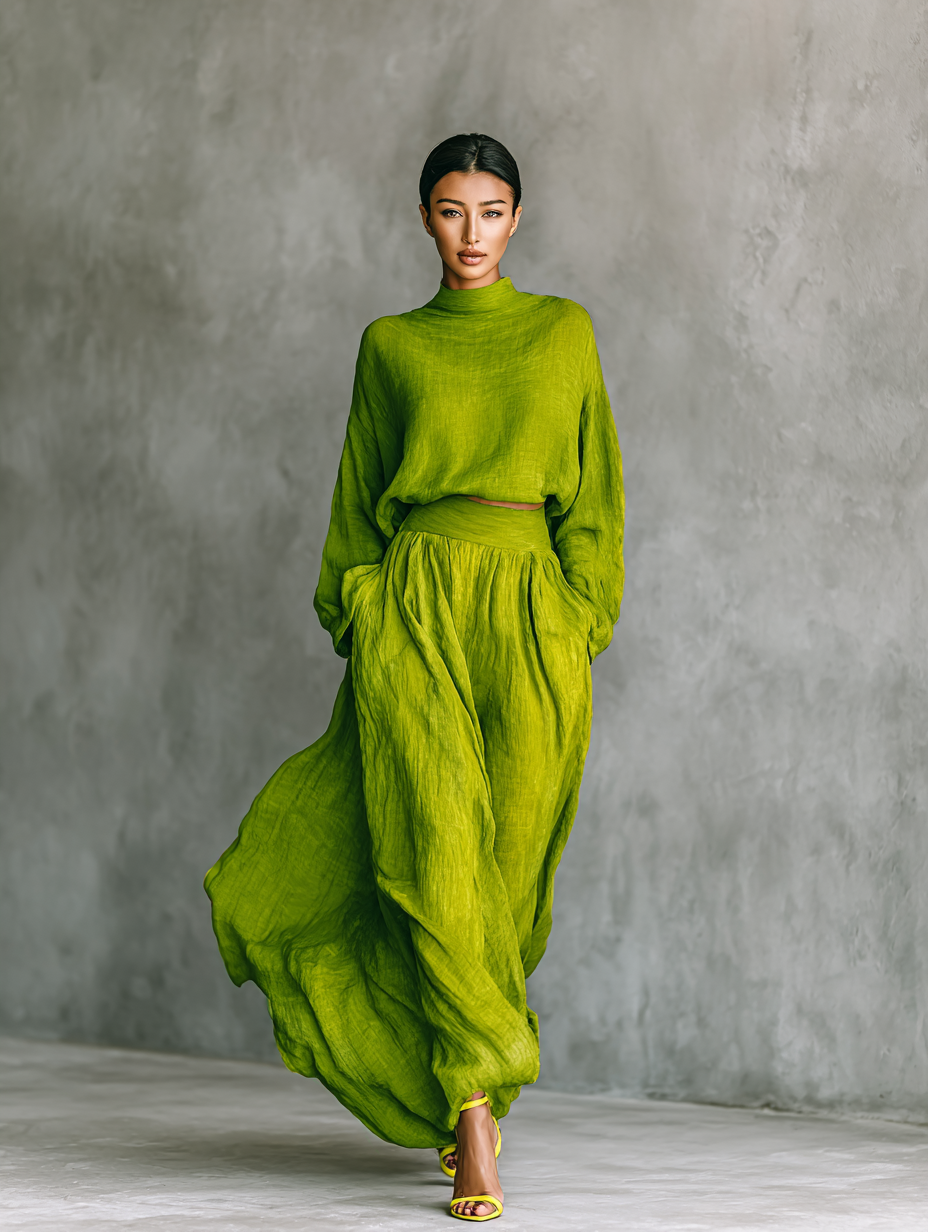 Conjunto de top de cuello alto verde para mujer y falda larga