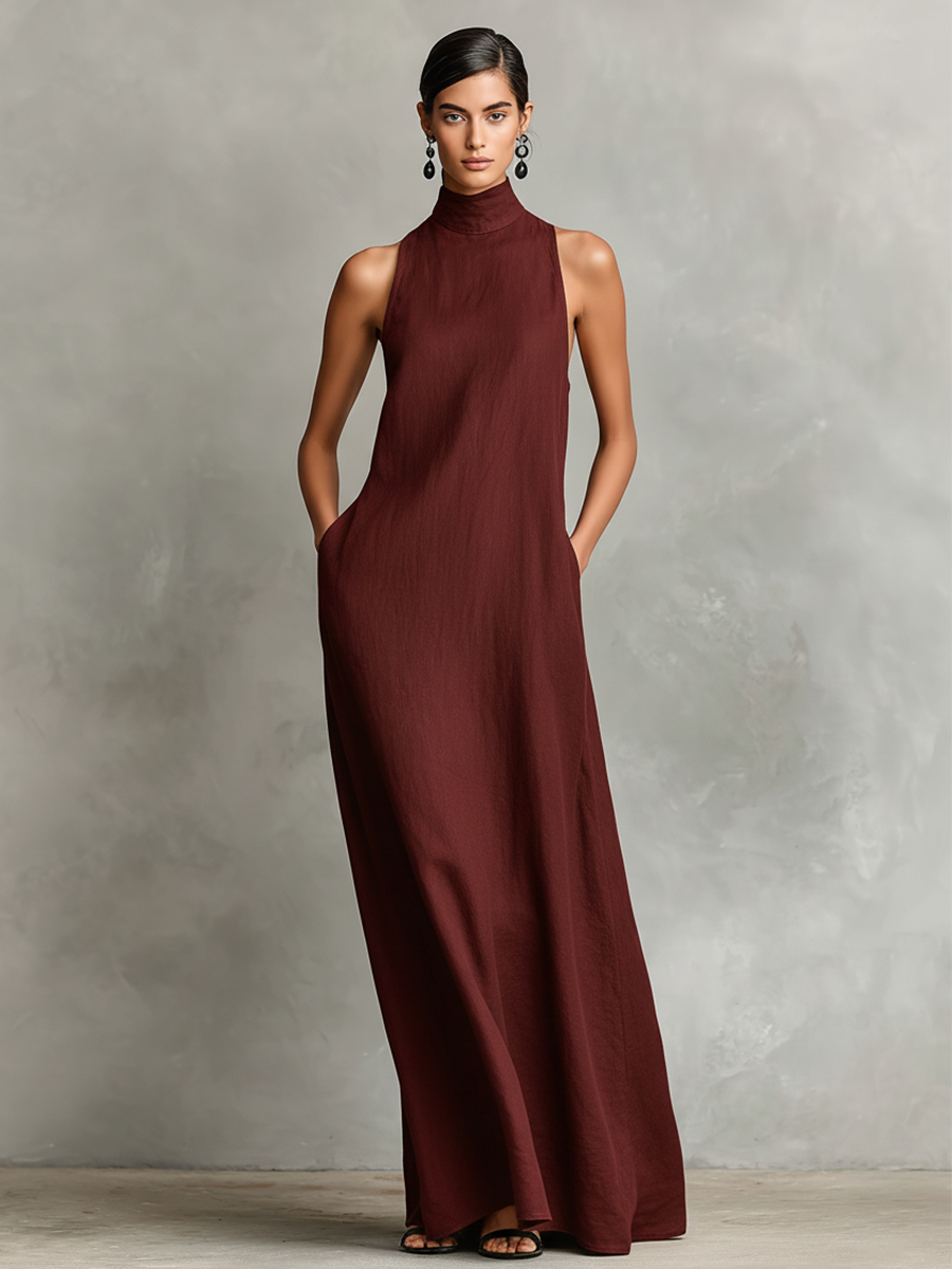 Vestido maxi de cuello alto con bolsillo