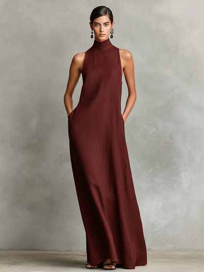 Vestido maxi de cuello alto con bolsillo