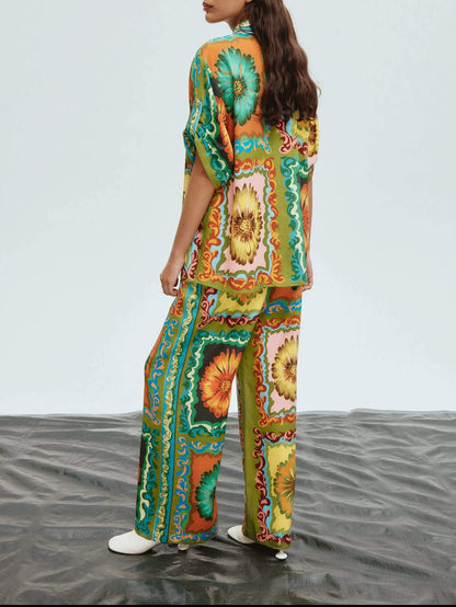 Conjunto de pantalones de pierna ancha con estampado de girasol único